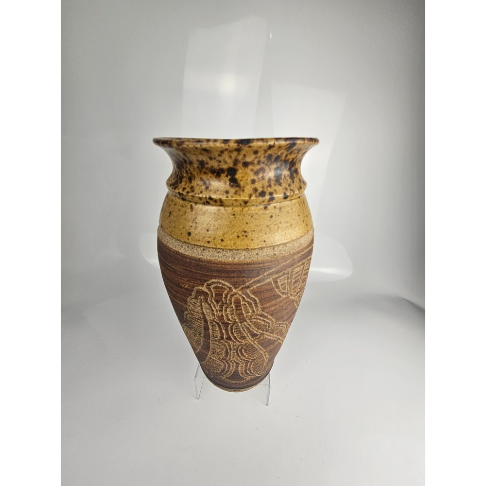 Signed 1977 Studio Pottery Sgraffito Vase Stoneware‎ Art Pottery